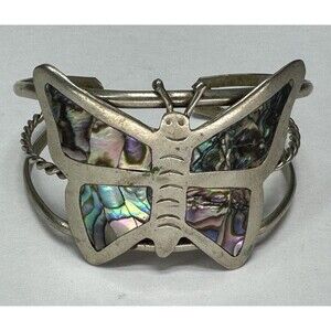 VTG Mexico Alpaca Silver Abalone Inlay Butterfly Cuff Bracelet Southwestern Boho